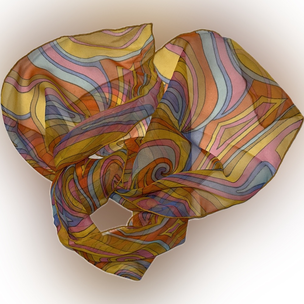 Sheer Paisley 1970s Mod Scarf /Ponytail Tie/Wrap Orange/Pink/Blue/Yellow 15βx44β - Picture 16 of 16